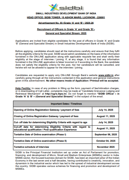 SIDBI Assistant Manager Recruitment 2025