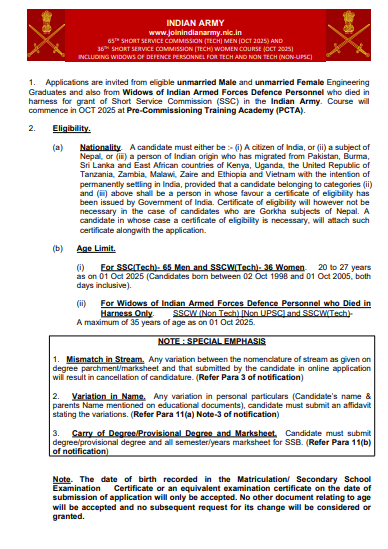 Indian Army SSC Tech Recruitment 2025