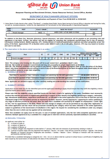 Union Bank Wealth Manager Recruitment 2025